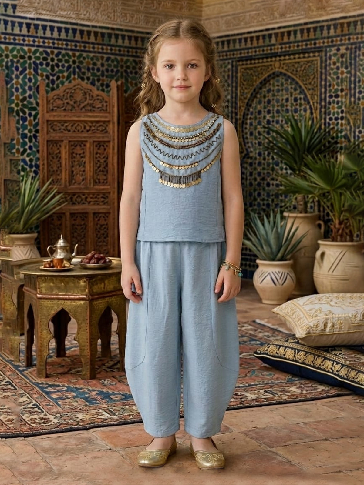 Blue embellished dhoti co-ord set for girls