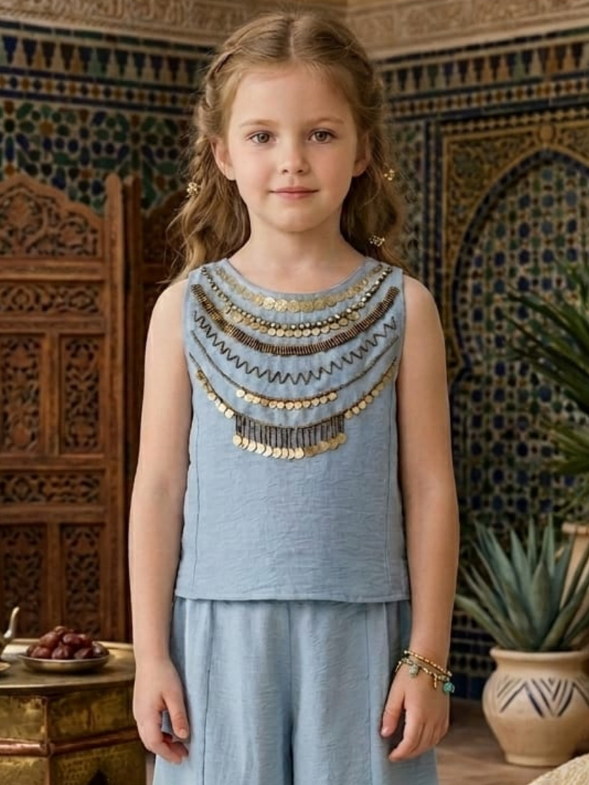 Blue embellished dhoti co-ord set for girls