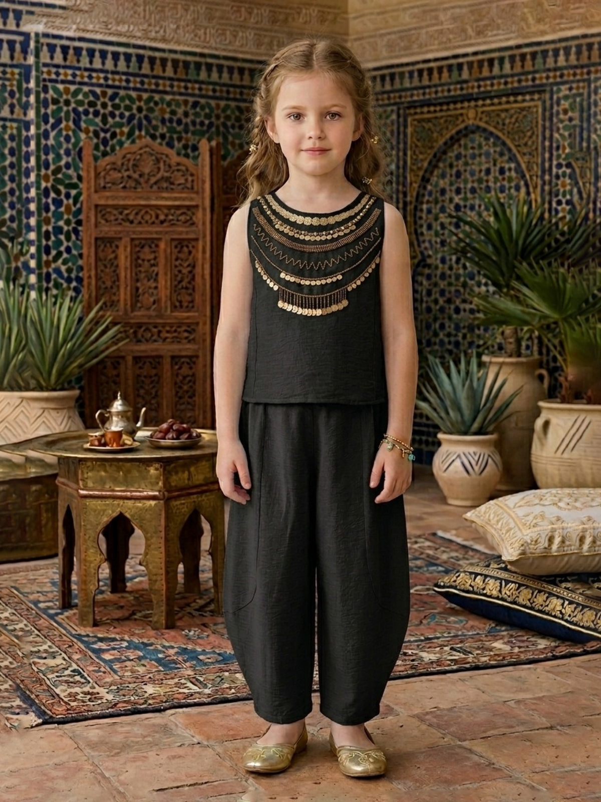 Black embellished dhoti co-ord set for girls
