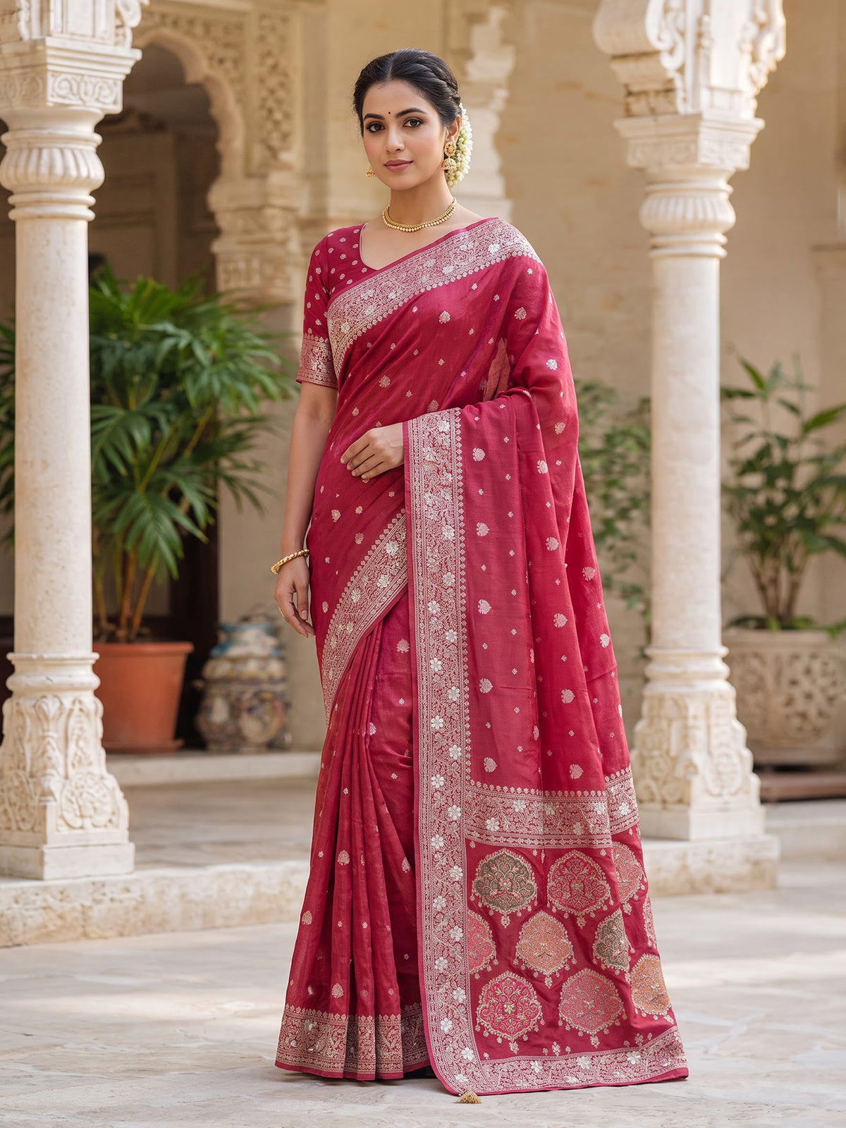 Pink dola silk saree with floral butti designer elegance