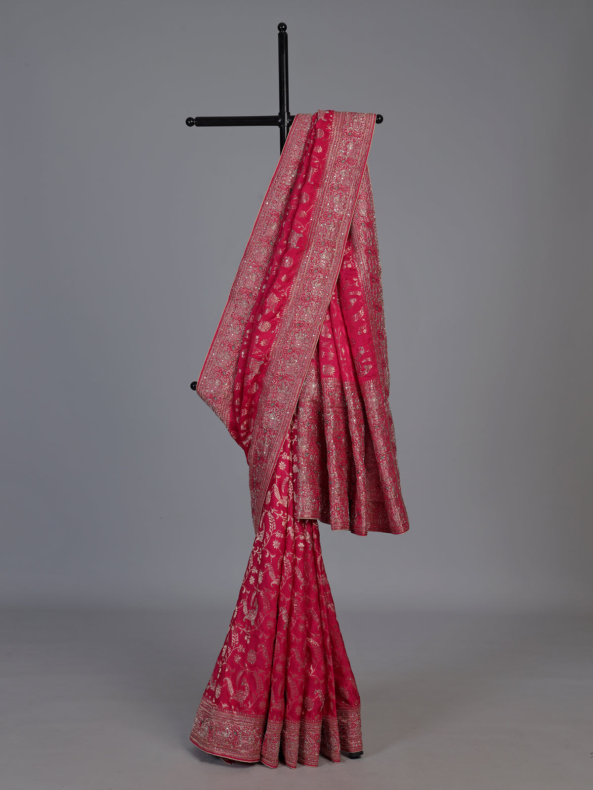 Deep rani pink dola silk floral designer festive saree