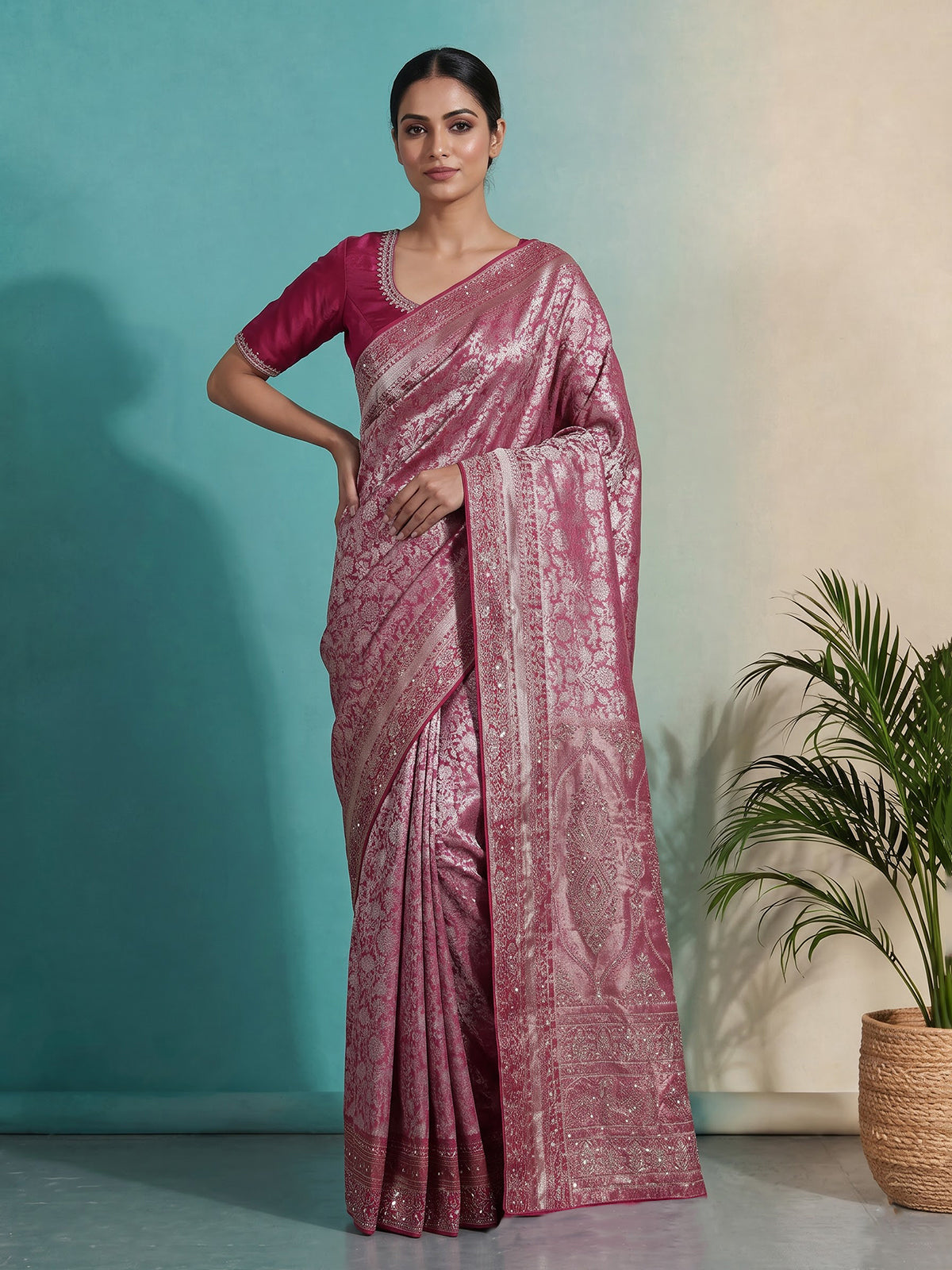 Rani pink kanjivaram tissue silk floral festive saree