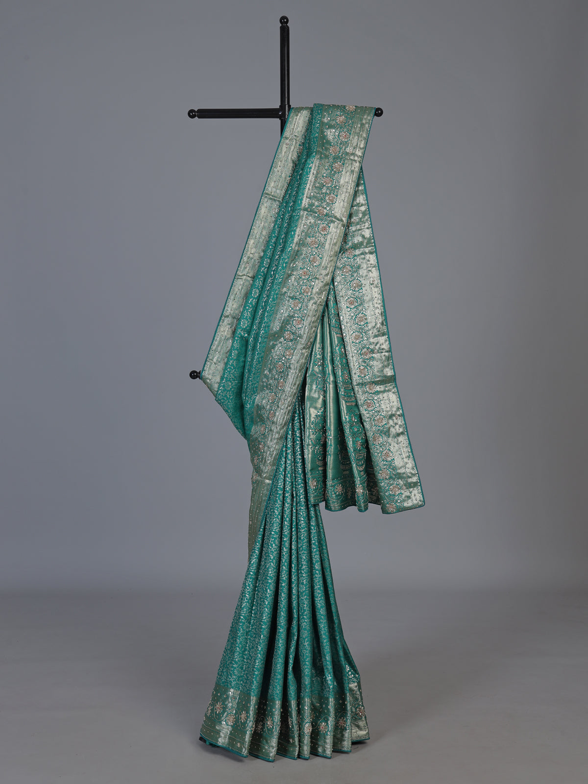 Rama green kanjivaram silk floral festive designer saree for women