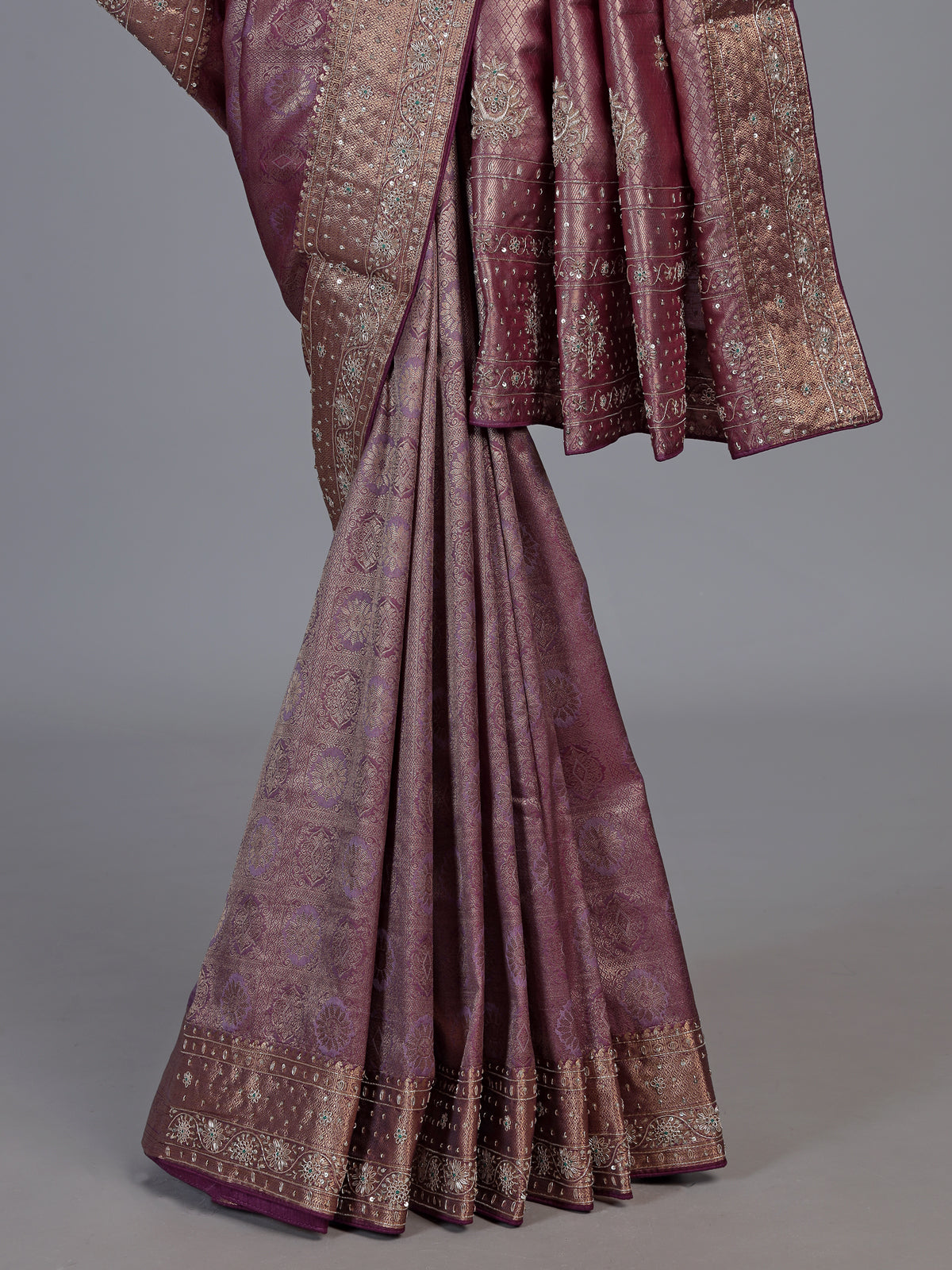 Purple kanjivaram silk floral wedding saree for women
