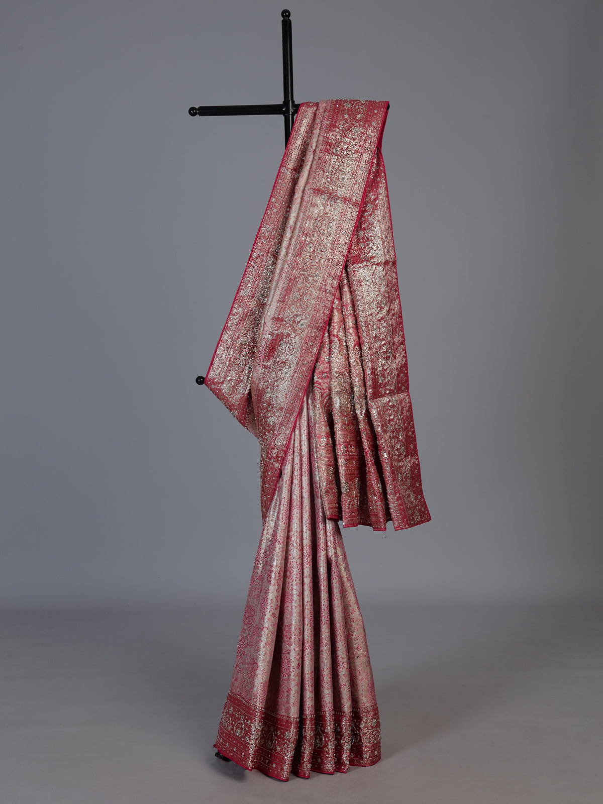 Rani pink kanjivaram silk floral festive designer saree