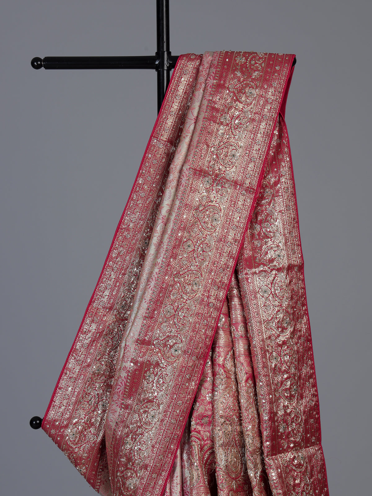 Rani pink kanjivaram silk floral festive designer saree