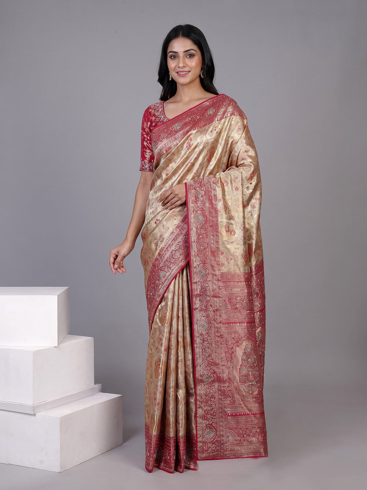 Golden kanjivaram silk contrast pallu festive wedding saree