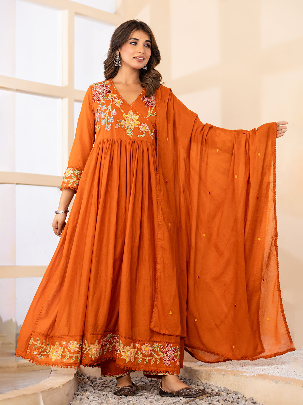 Orange festive angrakha cotton silk kurti set