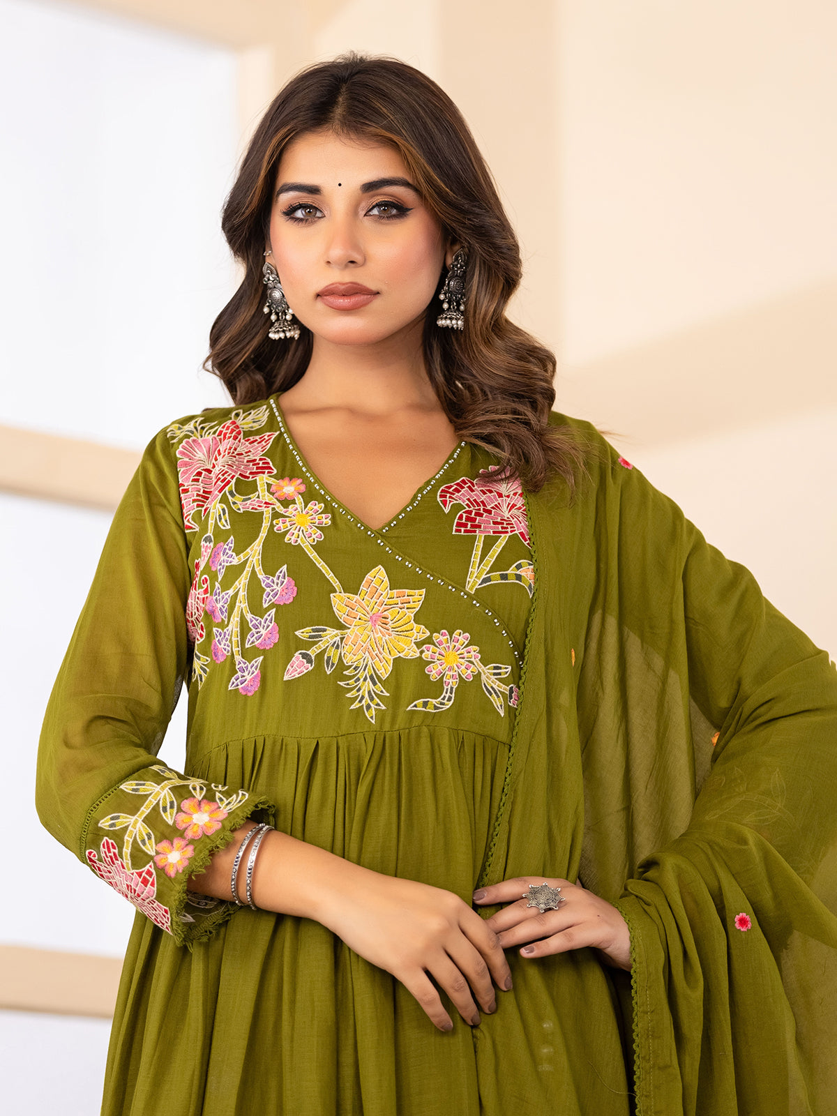 Green floral angrakha cotton silk kurti set