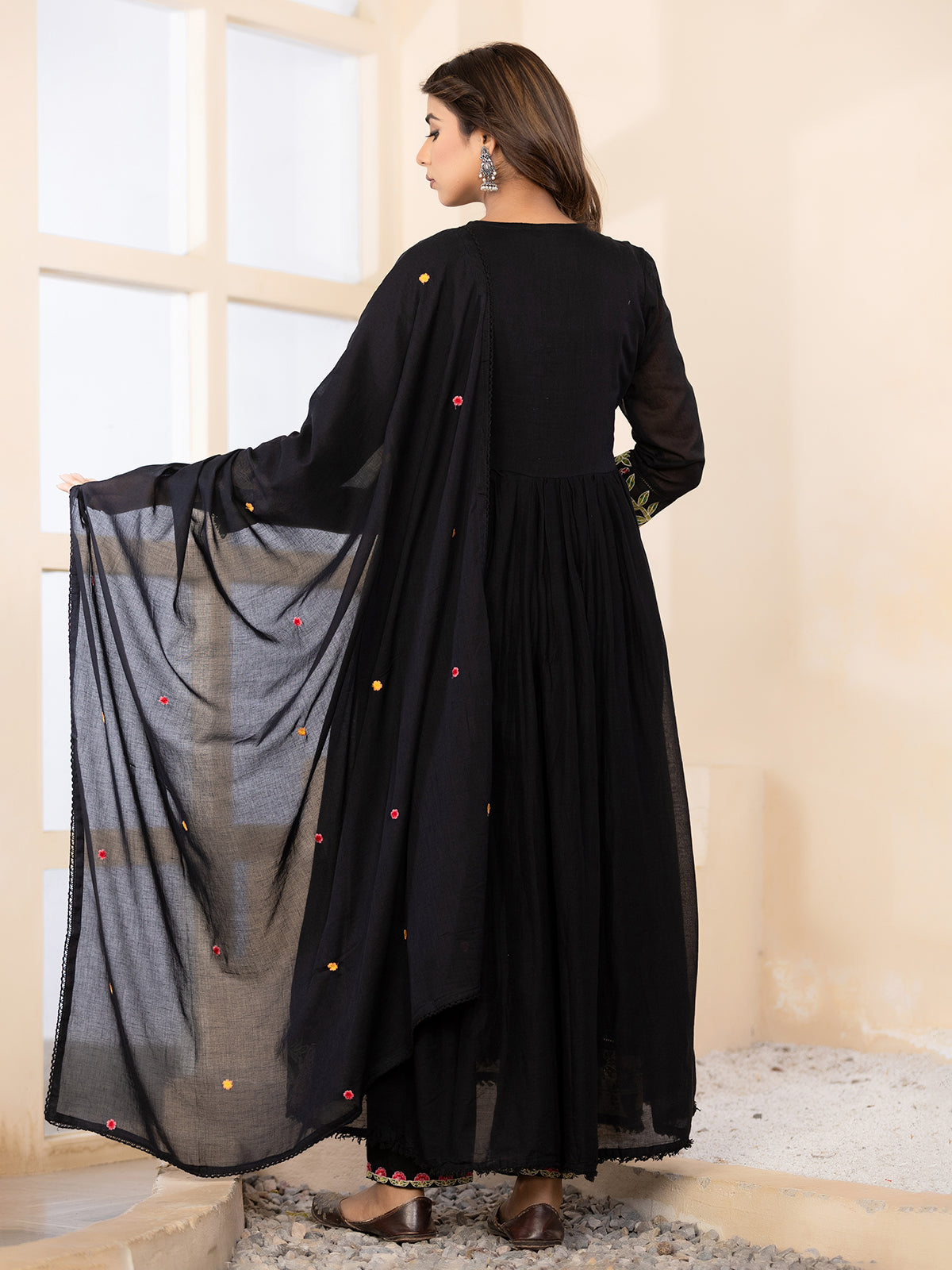 Black regal angrakha cotton silk kurti set