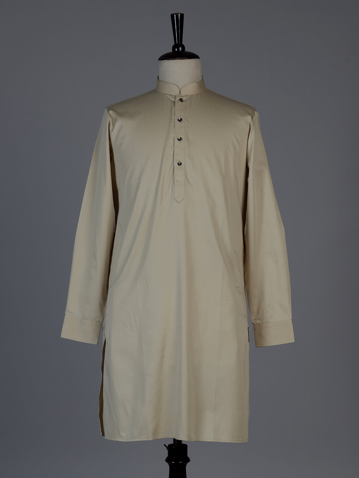 Beige silk solid festive kurta suit for men with classic mandarin collar