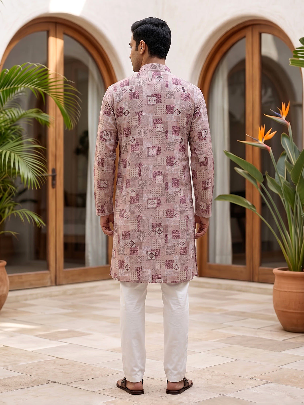 Pink silk printed festive kurta suit for men with stylish mandarin collar design