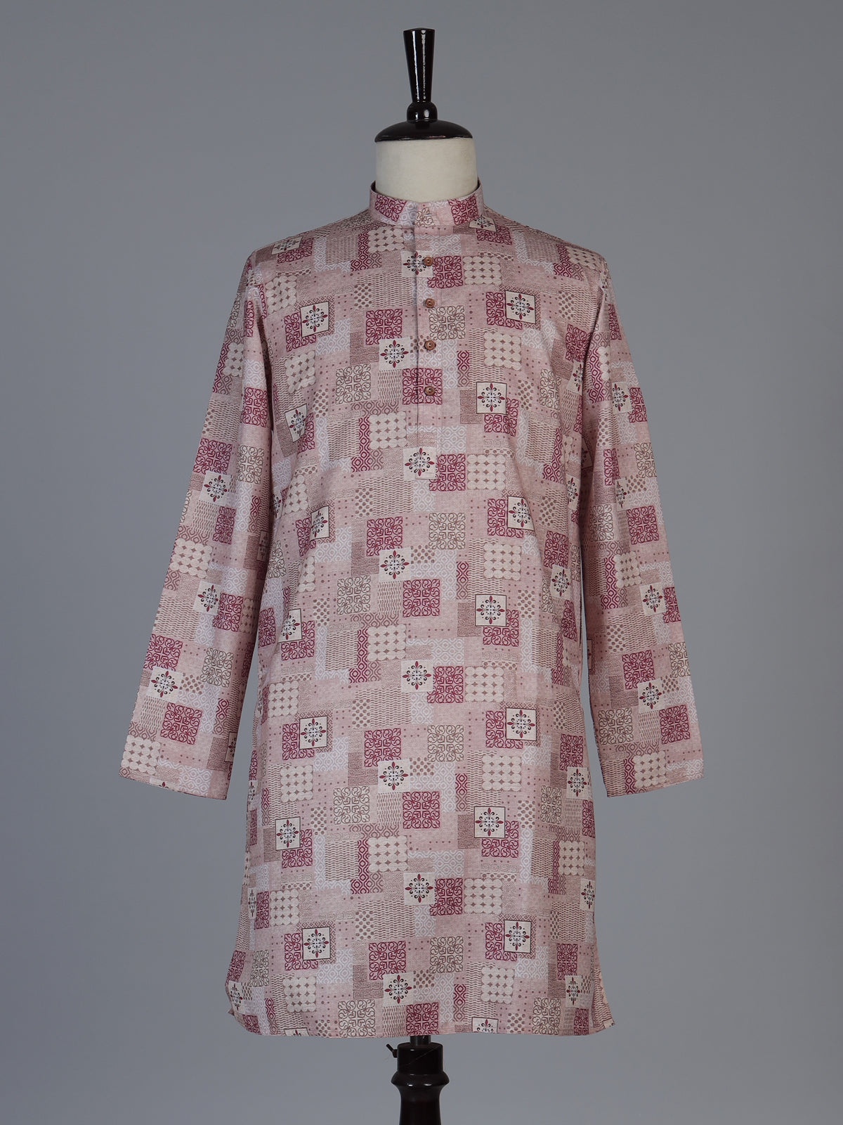 Pink silk printed festive kurta suit for men with stylish mandarin collar design