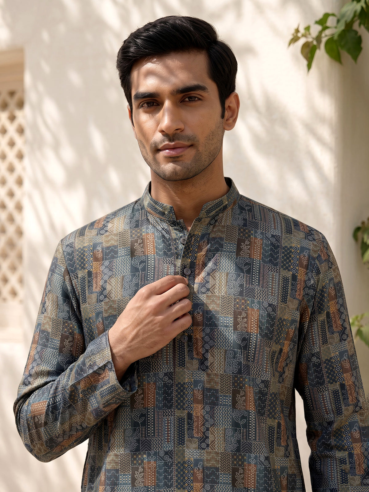 Green silk printed festive kurta suit for men with refined mandarin collar style