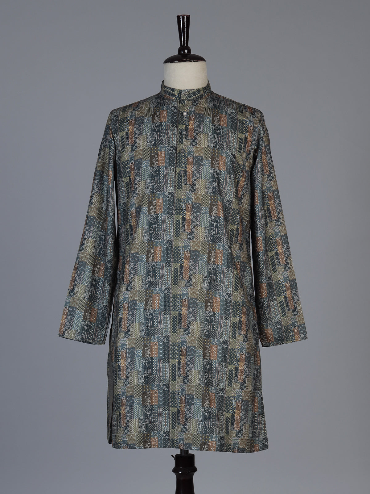 Green silk printed festive kurta suit for men with refined mandarin collar style