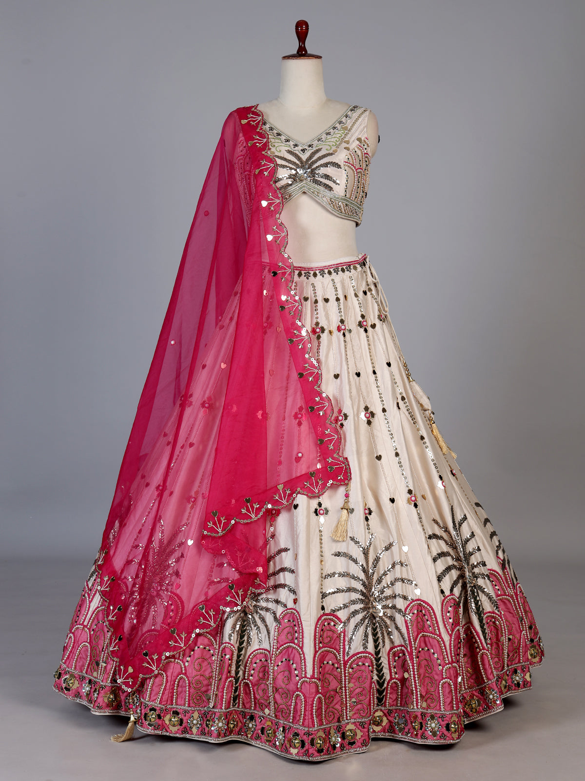 Beige silk designer wedding wear lehenga choli with contrast dupatta