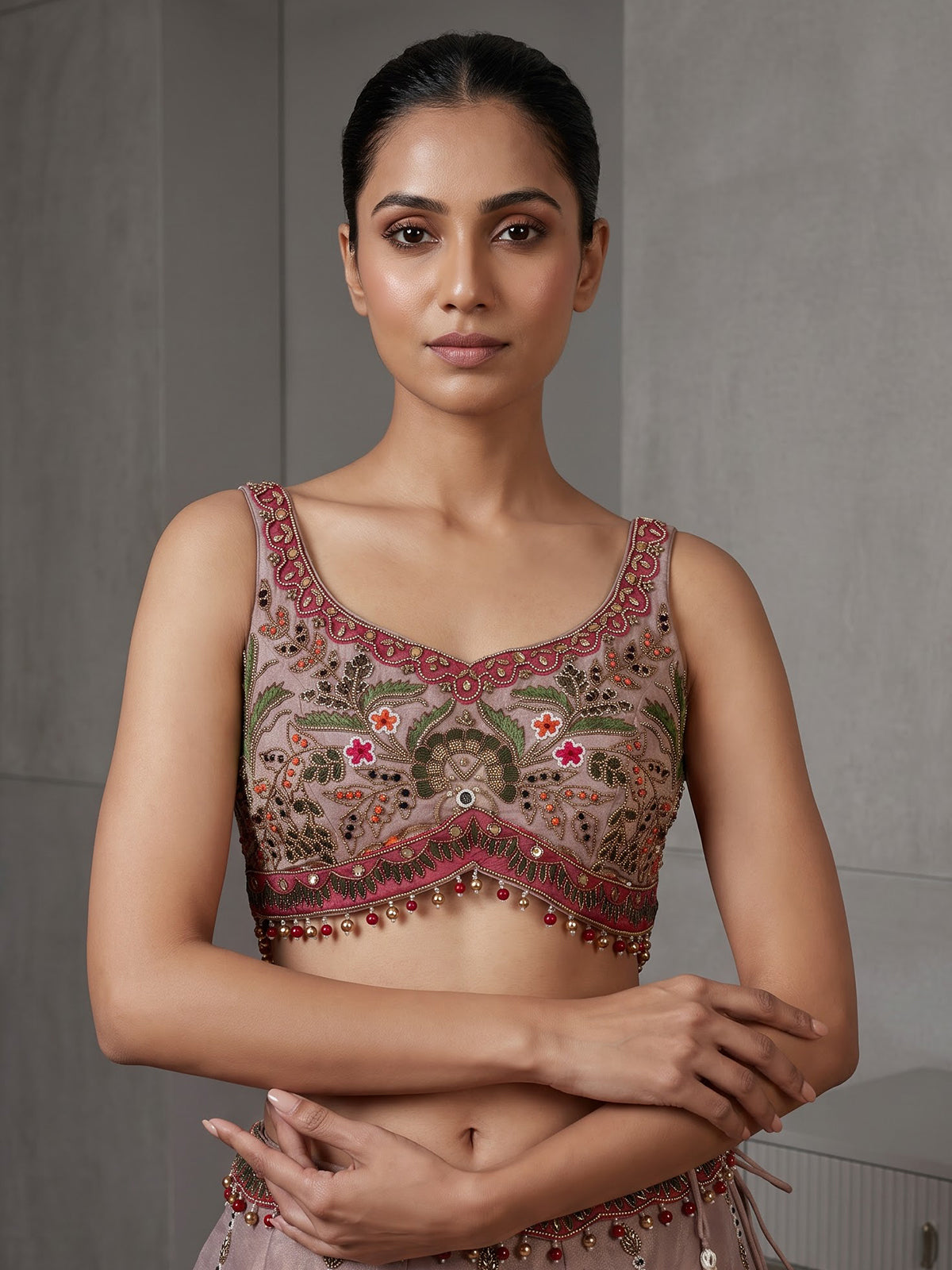 Pastel beige silk bird motif lehenga choli for designer