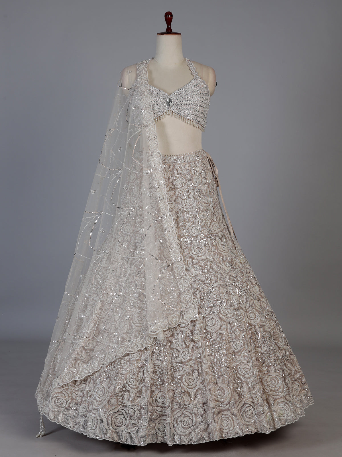 Beige floral designer net lehenga choli with dupatta
