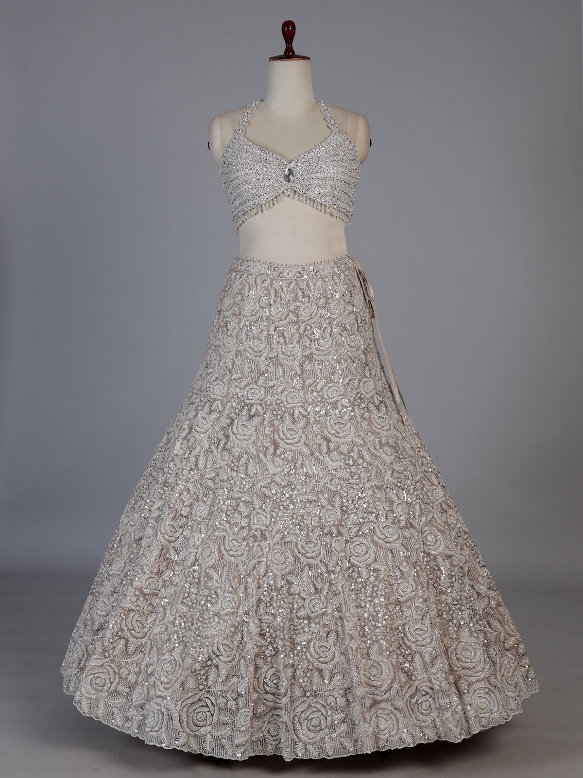 Beige floral designer net lehenga choli with dupatta