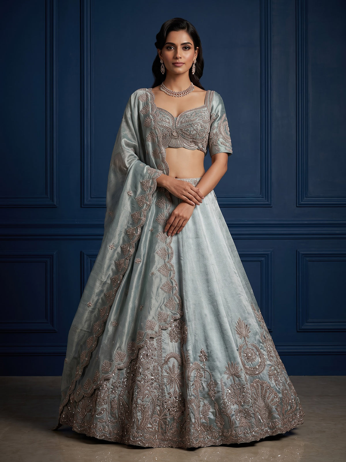 Pastel blue silk embellished lehenga choli with dupatta