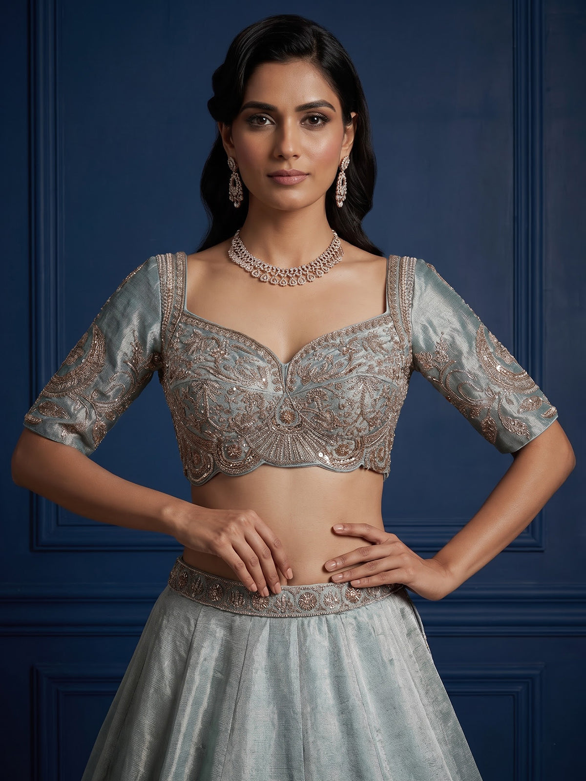 Pastel blue silk embellished lehenga choli with dupatta