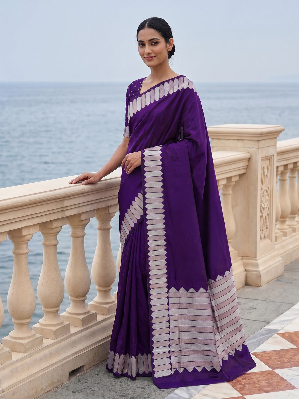 Purple satin silk saree with elegant festive zari detailing