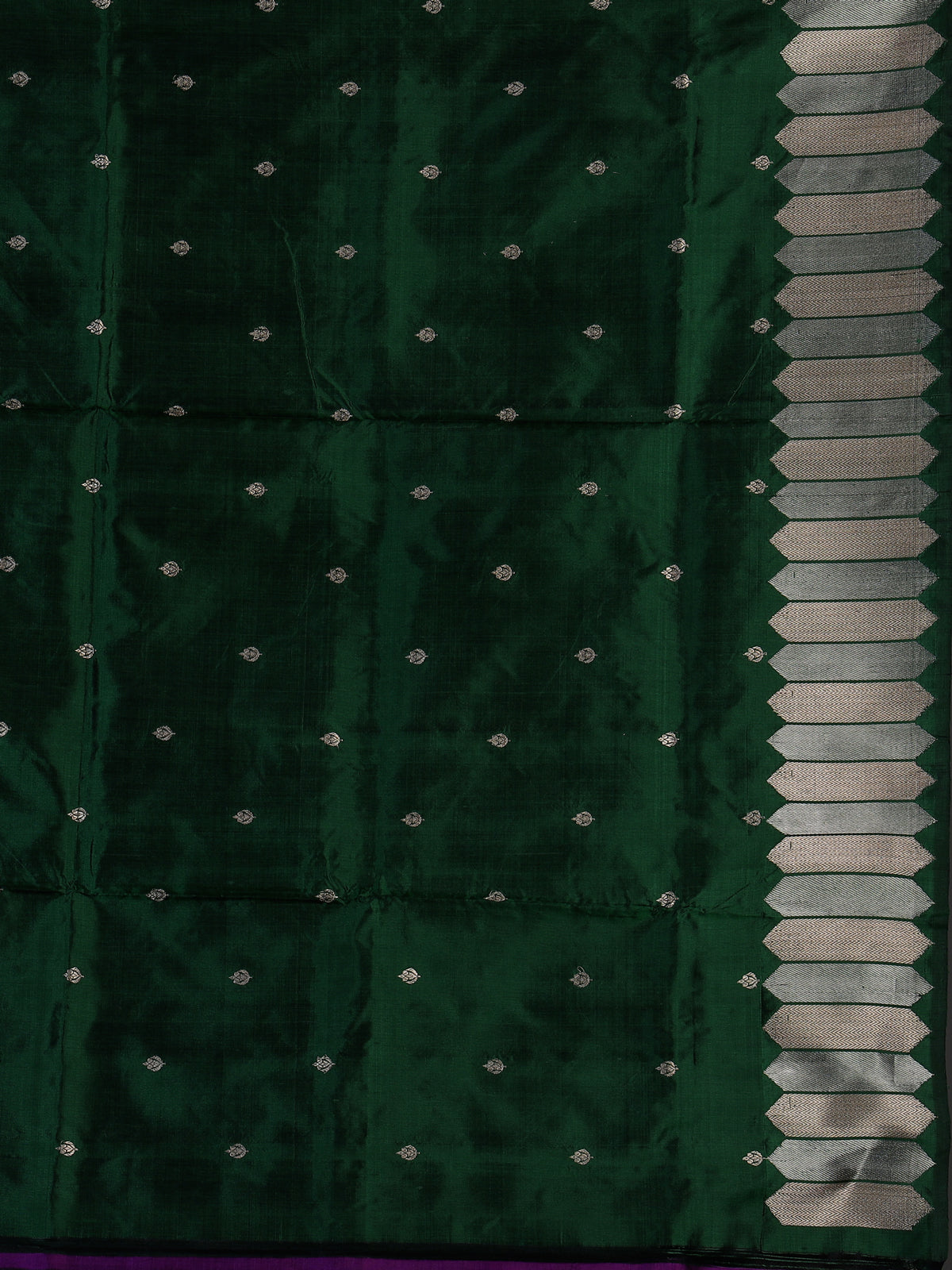Green satin silk saree with luxurious zari border and pallu