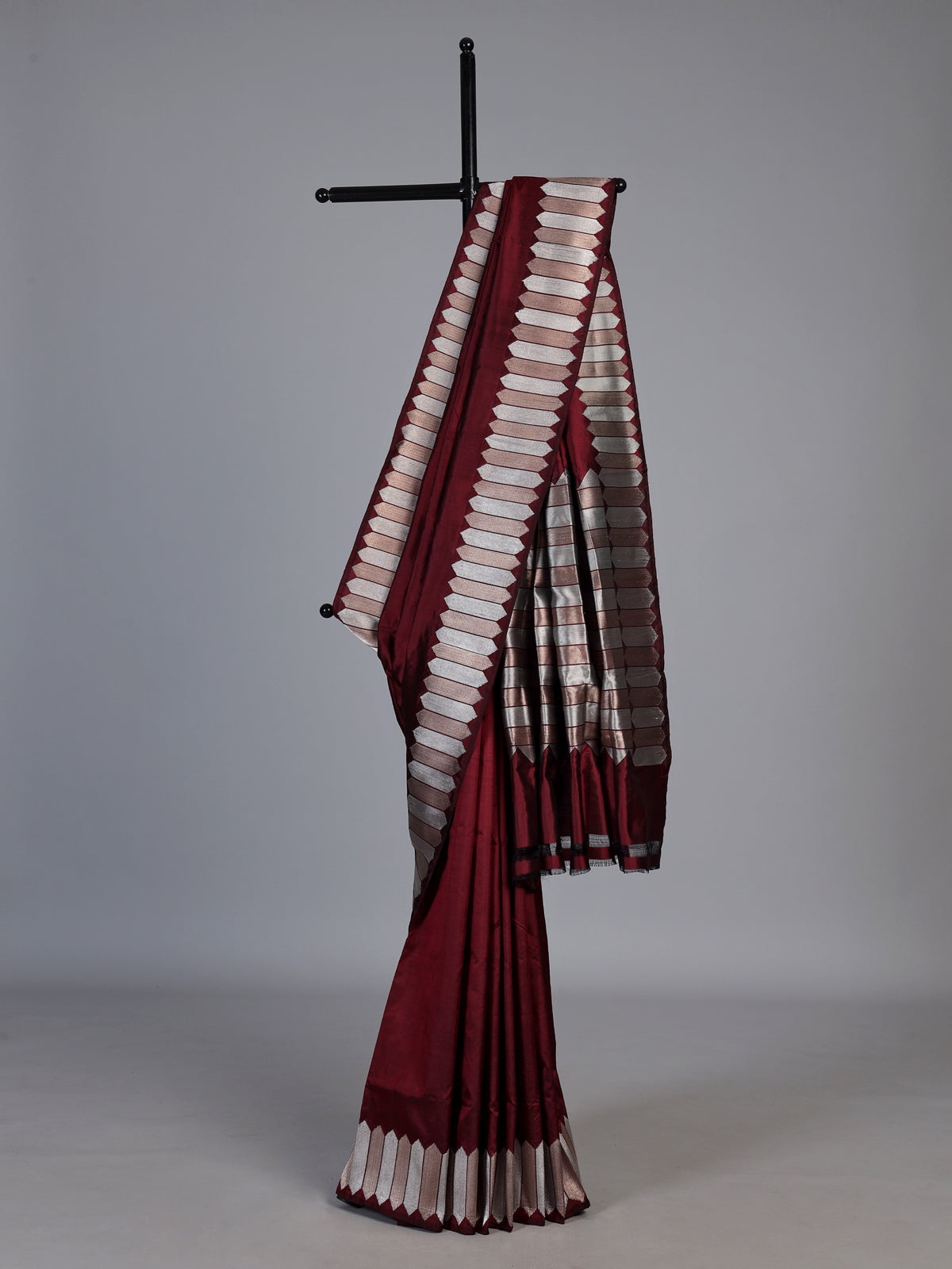 Maroon satin silk saree with elegant zari border and pallu