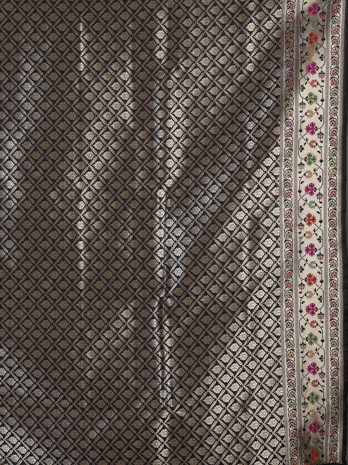 Black paithani silk saree with floral motifs and zari work