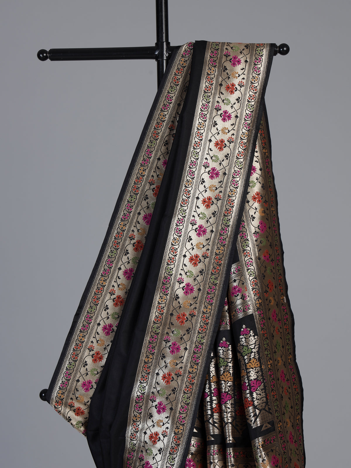 Black paithani silk saree with floral motifs and zari work