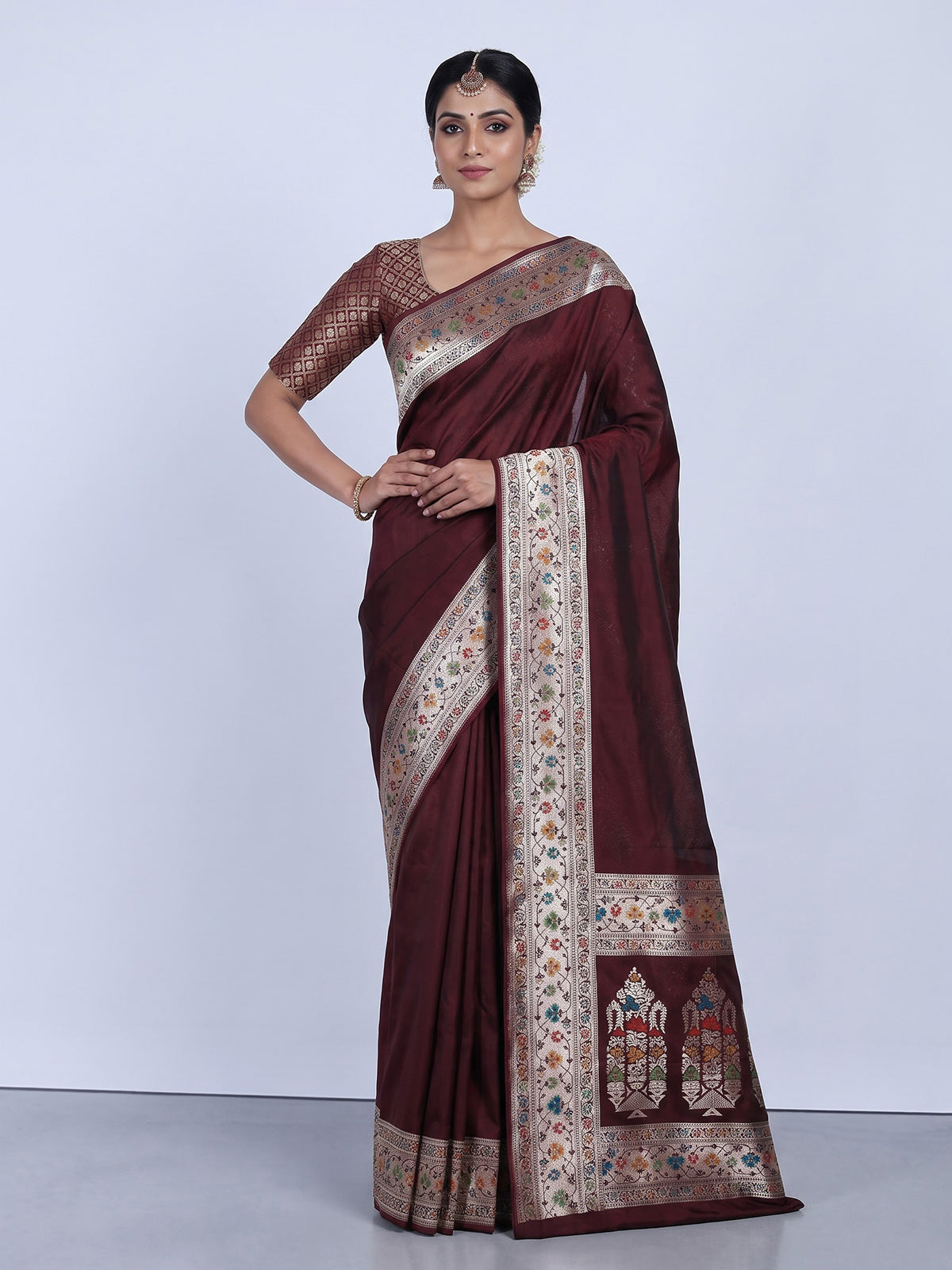 Maroon paithani silk saree with floral zari border elegance