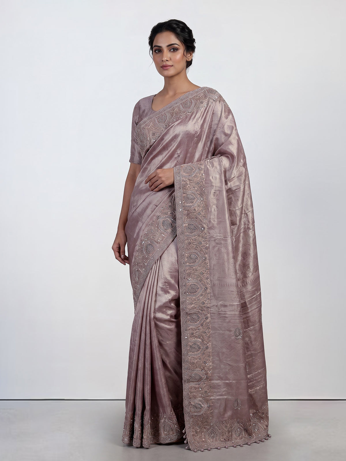 Pastel pink tissue silk saree with kolkata handwork elegance