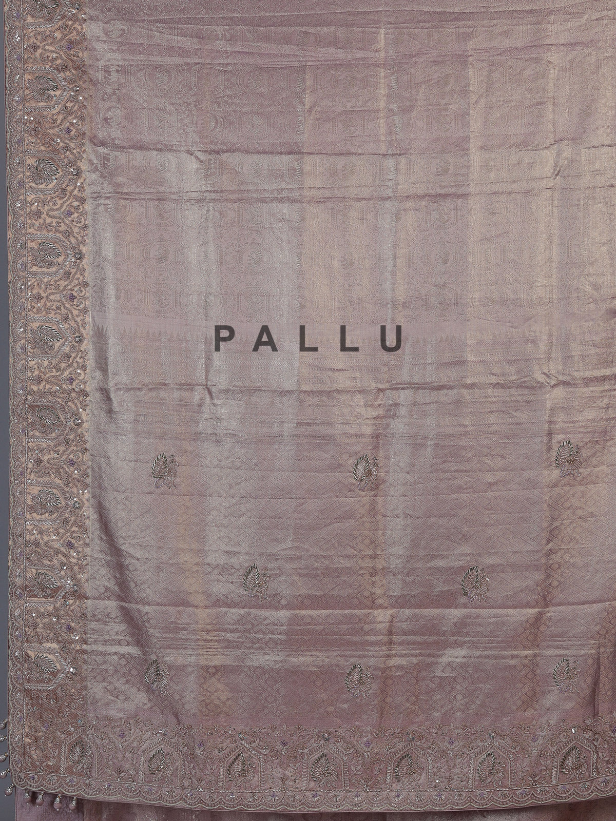 Pastel pink tissue silk saree with kolkata handwork elegance