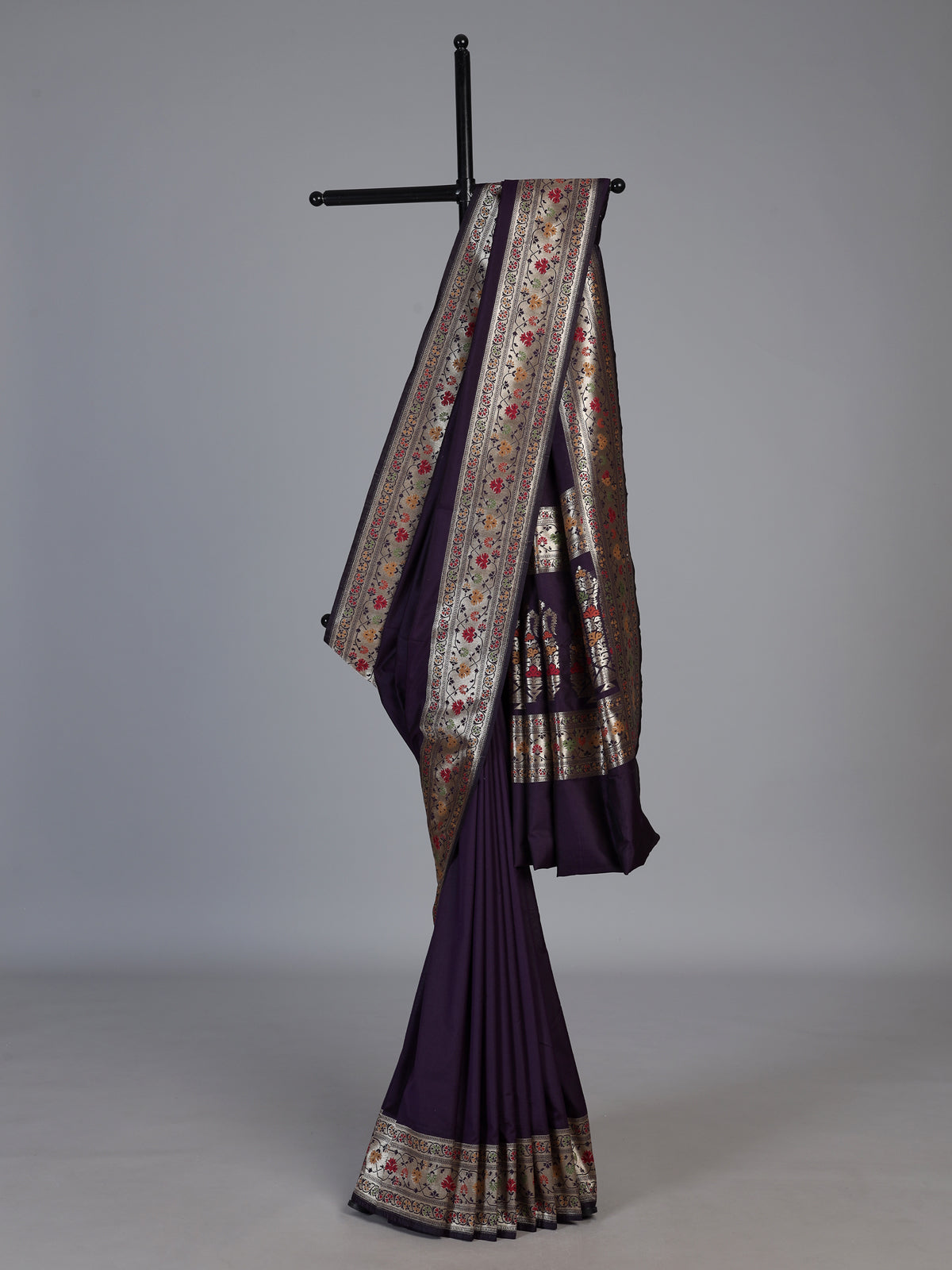 Wine paithani silk saree with floral zari border design