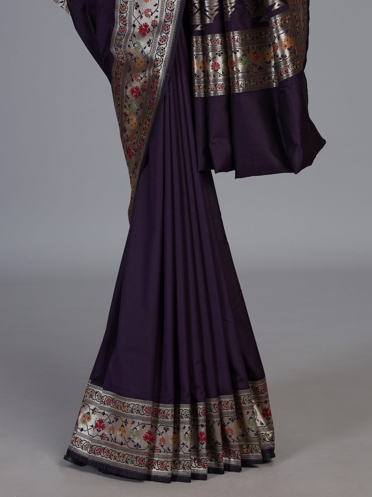 Wine paithani silk saree with floral zari border design