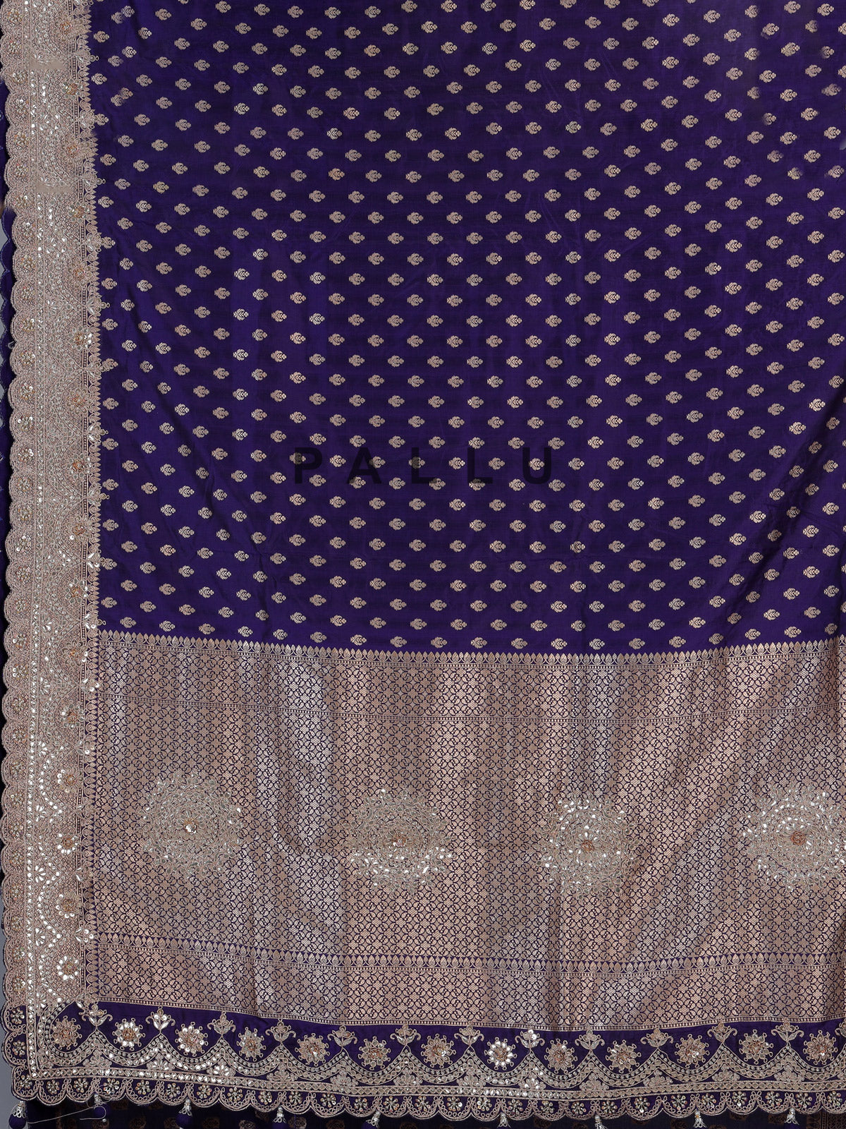 Blue banarasi silk saree with elegant butti and handwork design