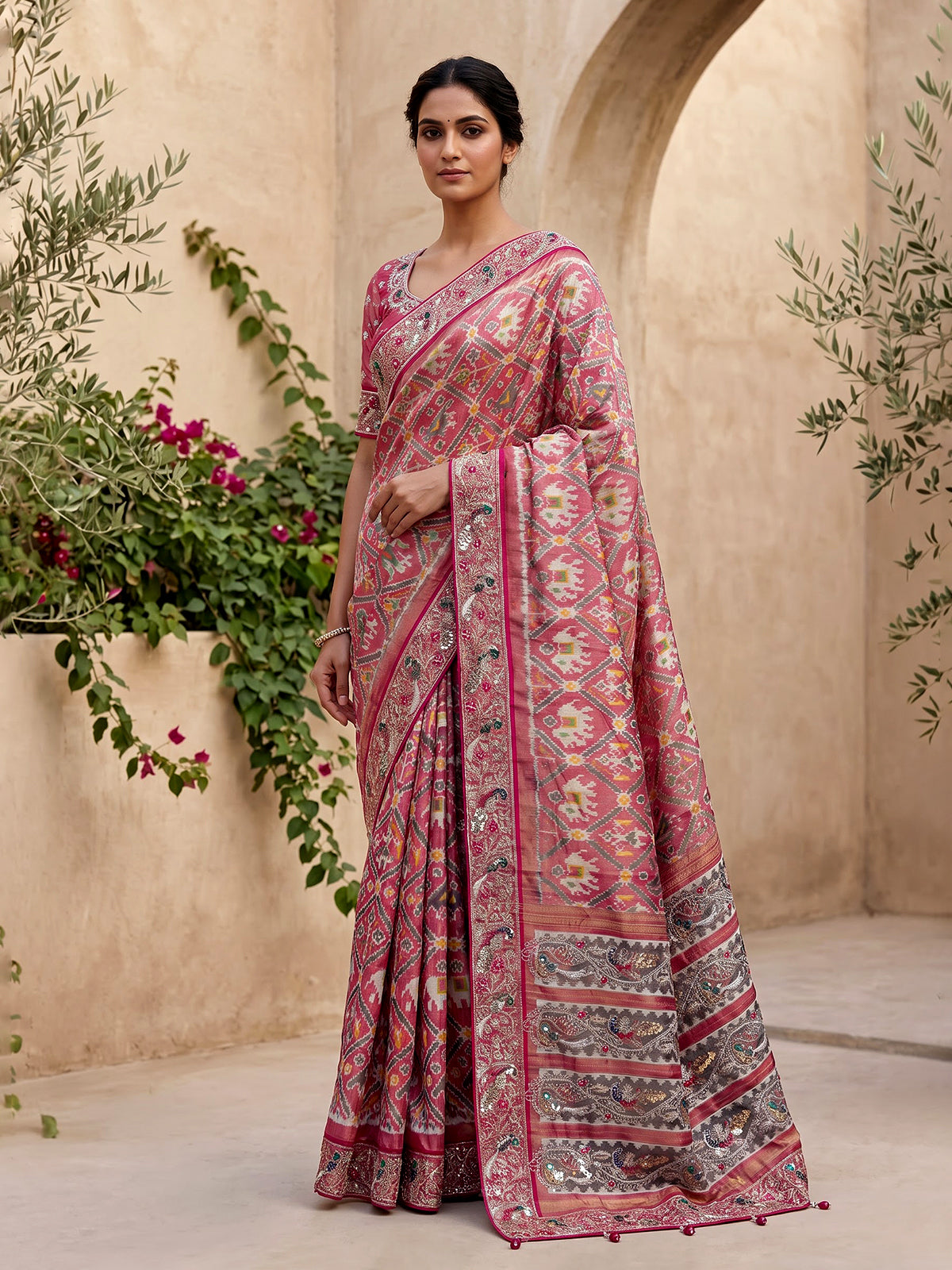 Rani pink tissue patola silk saree with bird motifs