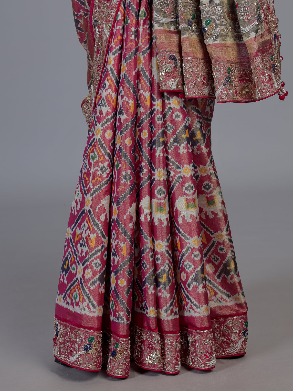 Rani pink tissue patola silk saree with bird motifs