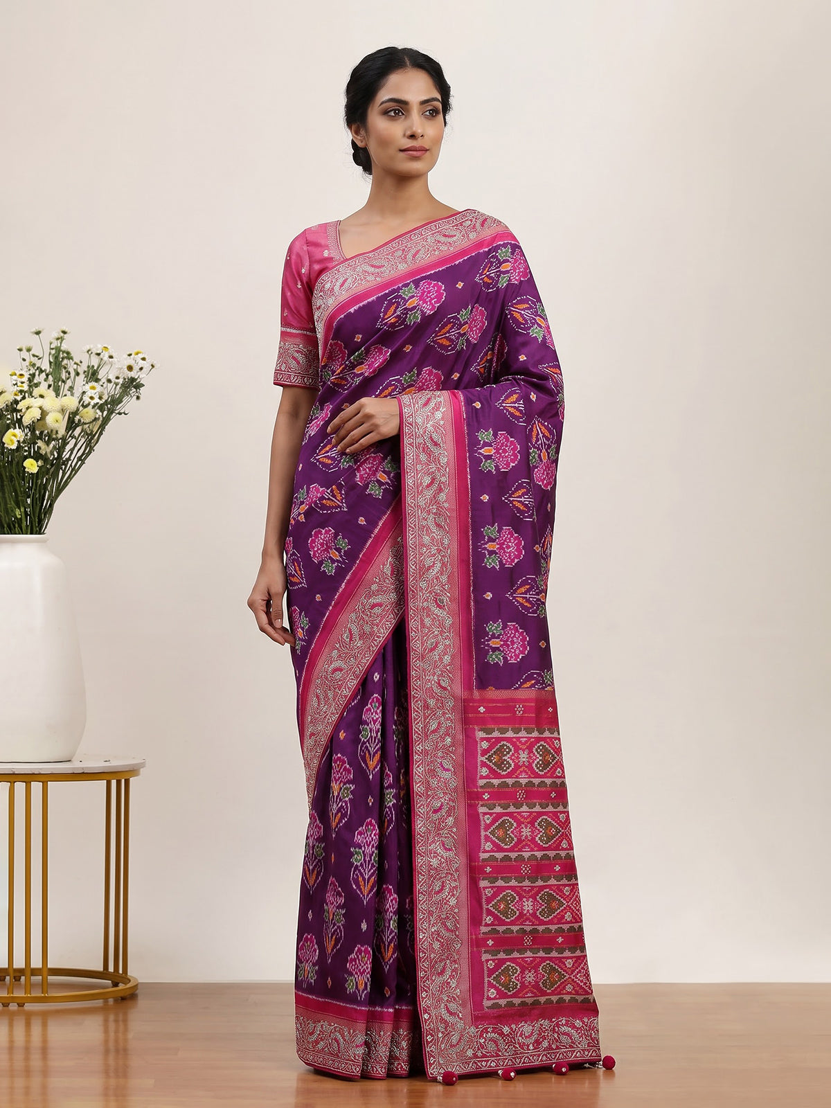Purple pure hyderabadi patola silk saree with contrast border