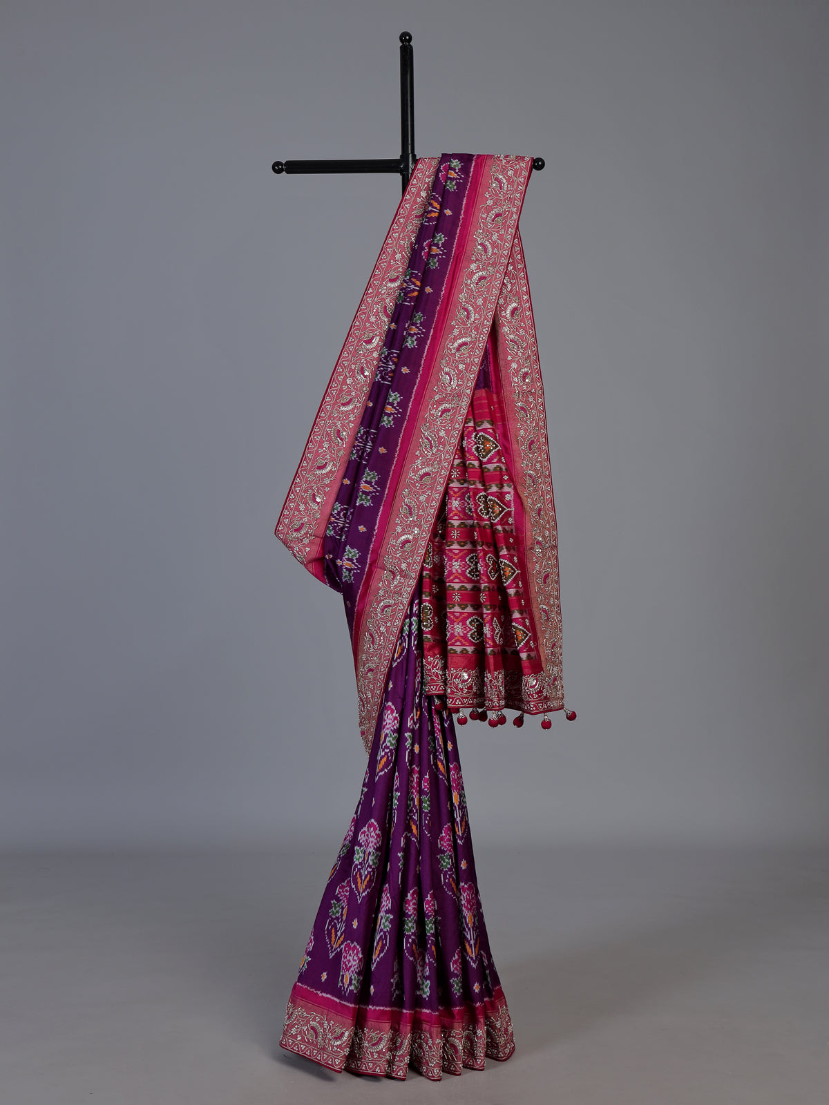 Purple pure hyderabadi patola silk saree with contrast border