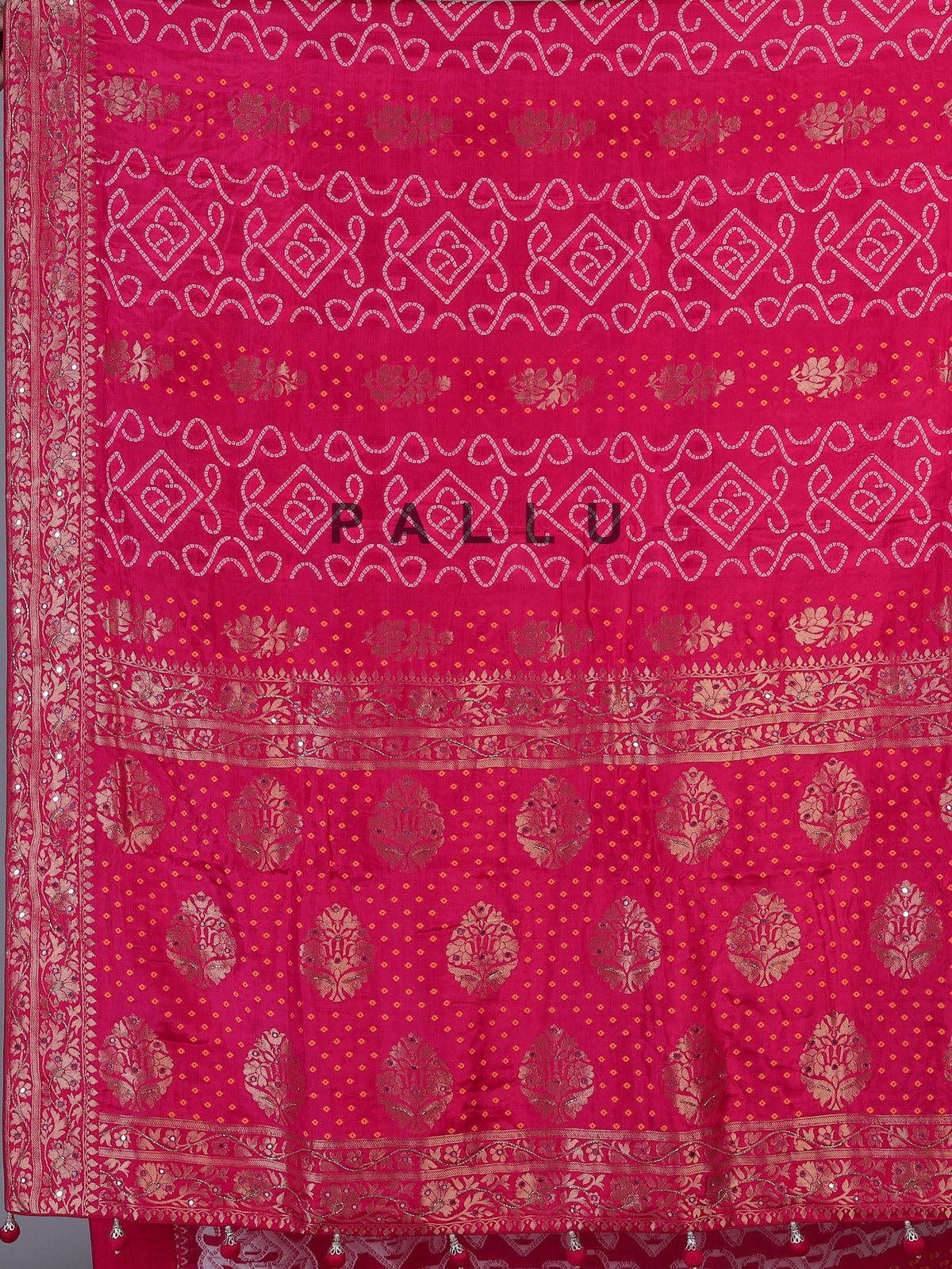 Rani pink dola satin silk bandhej printed festive saree