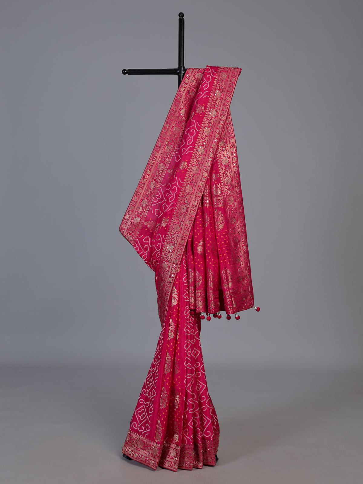 Rani pink dola satin silk bandhej printed festive saree