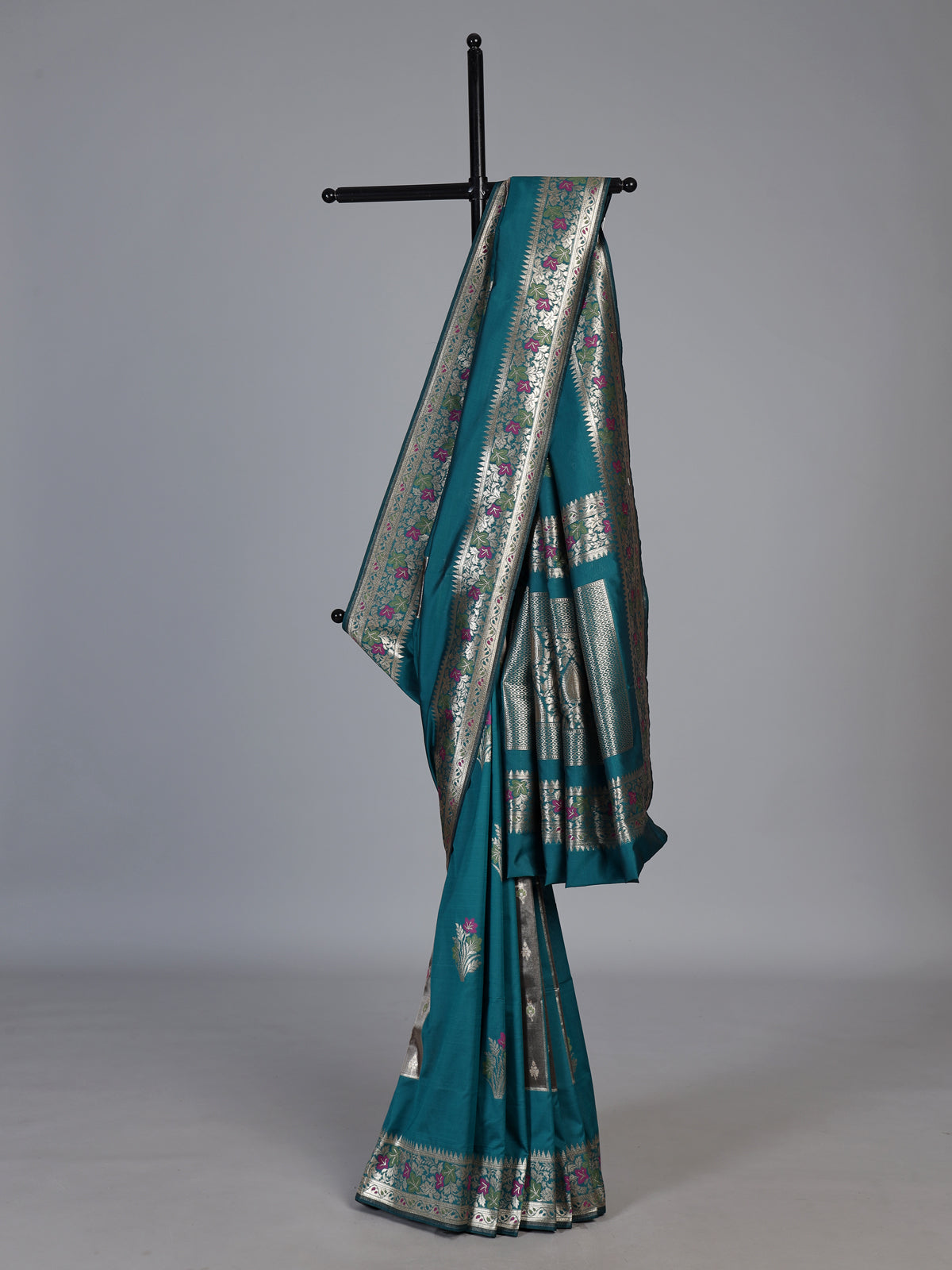 Rama blue banarasi silk saree with floral butti elegance