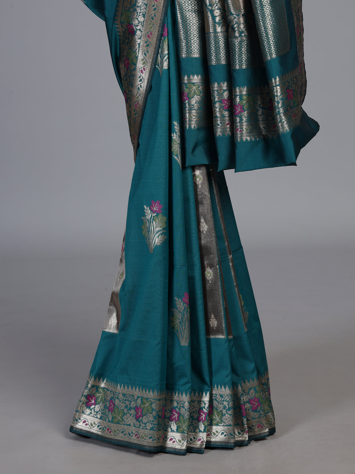 Rama blue banarasi silk saree with floral butti elegance