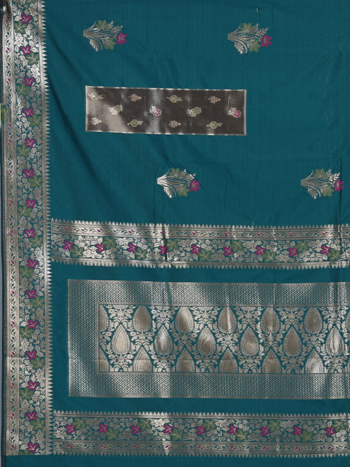 Rama blue banarasi silk saree with floral butti elegance