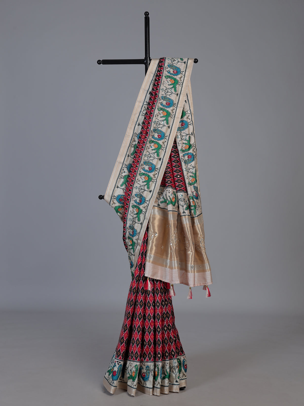 Black and red patola silk saree with bird motifs