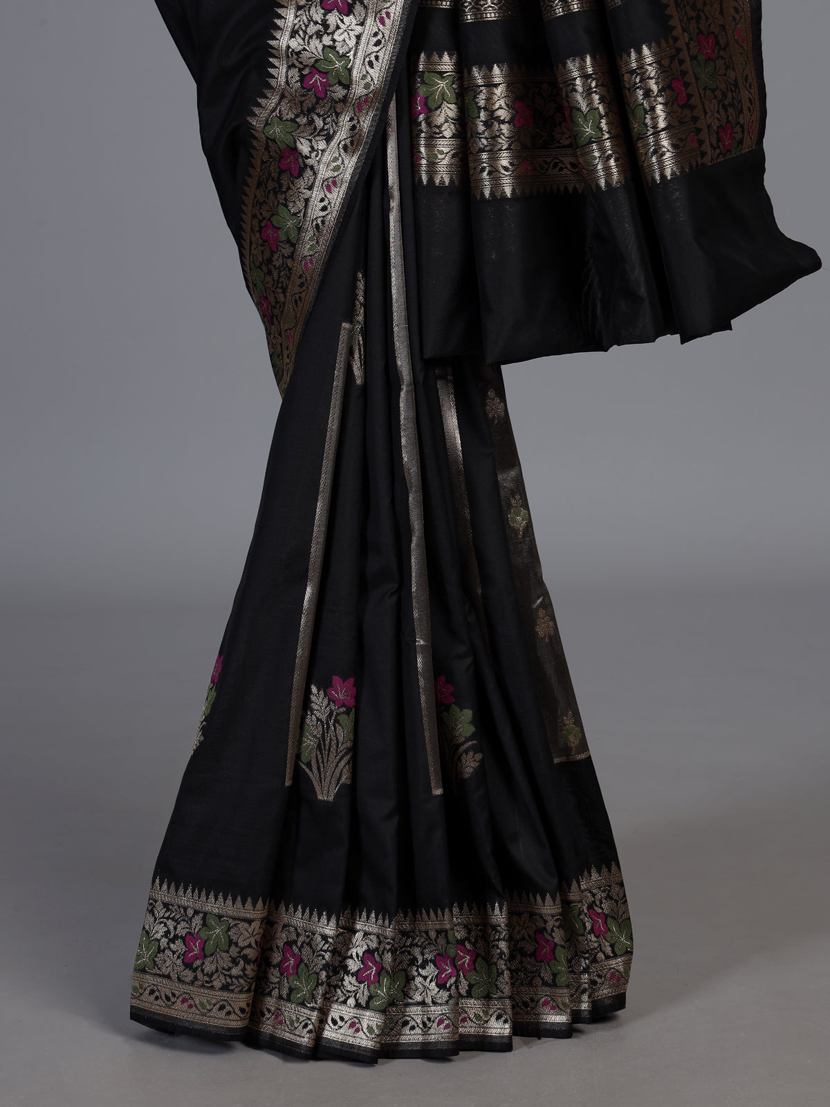 Black banarasi silk saree with floral butti zari elegance