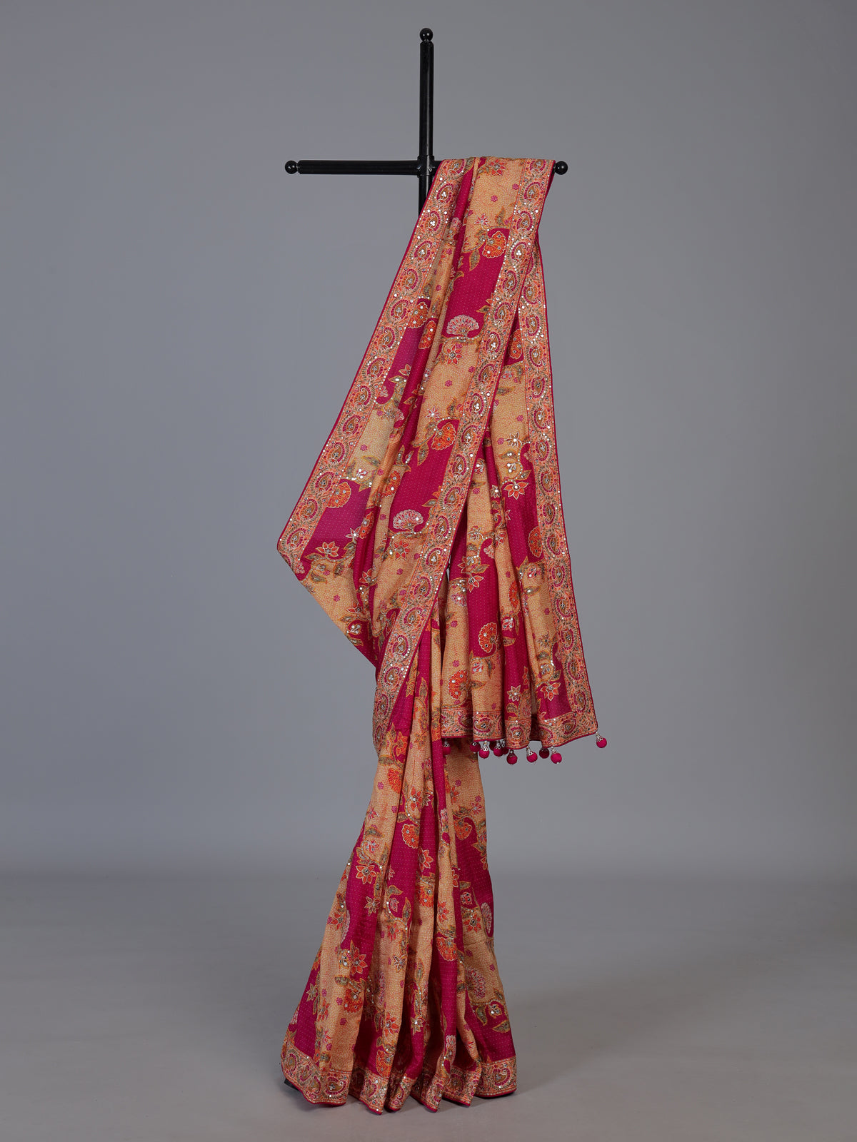 Rani pink rankat dola silk printed designer festive saree