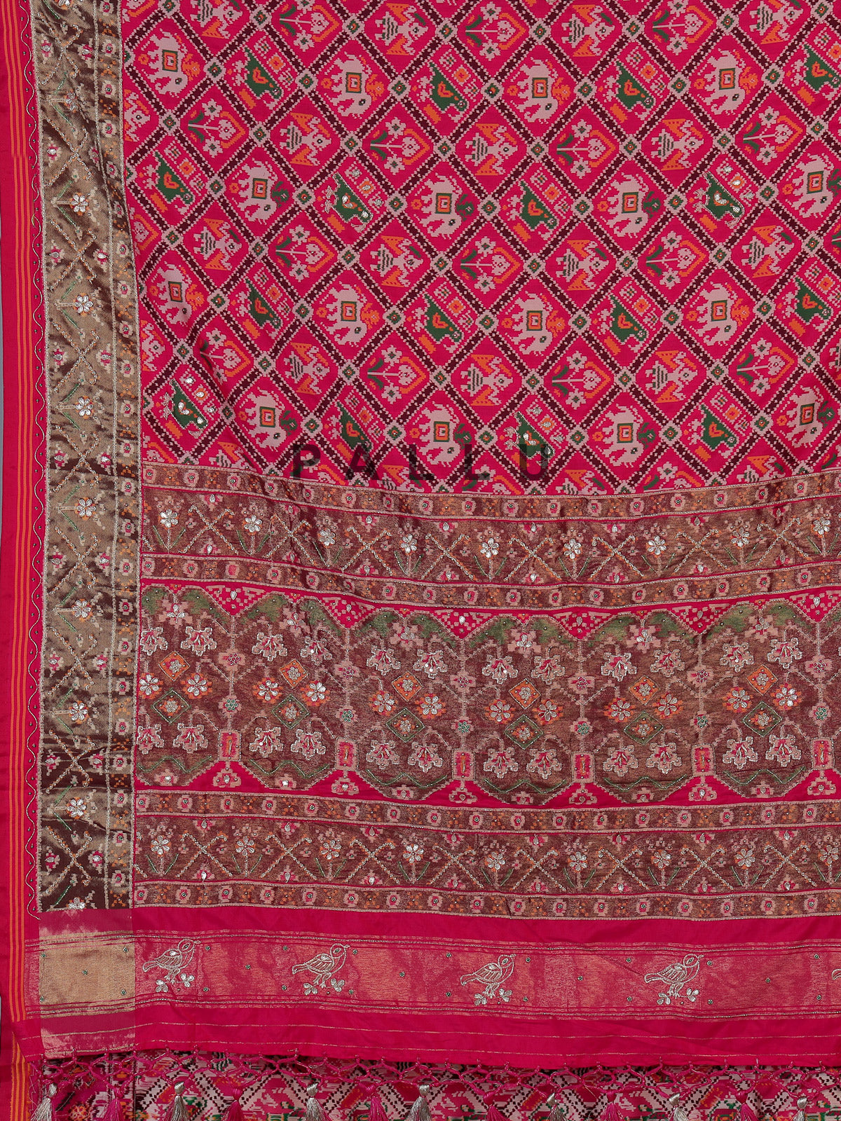 Rani pink art patola silk saree with bird motif design