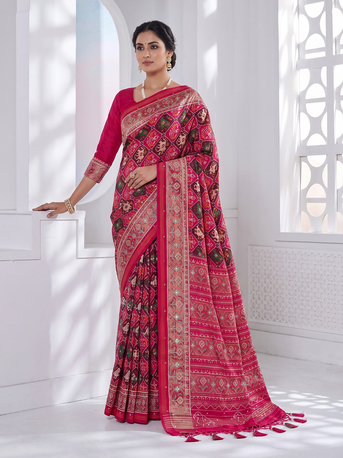 Maroon rani pink art patola silk designer festive saree